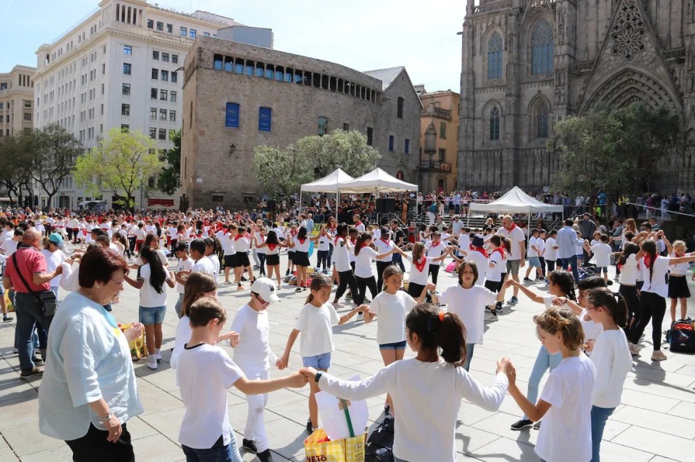 A group of children dancing the Sardana, holding hands in a circle, moving in unison to the rhythm of traditional music.