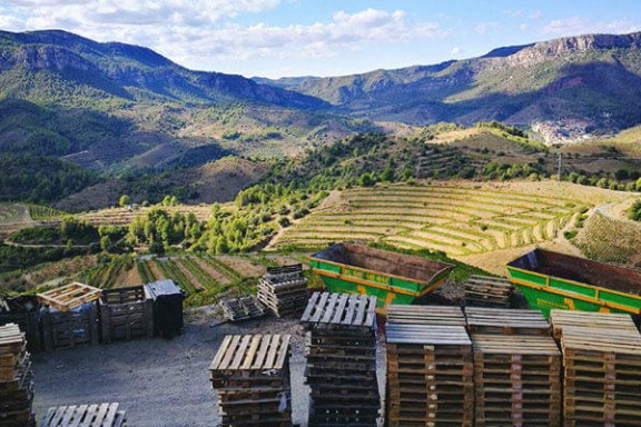 a storage area with a mountain in the background